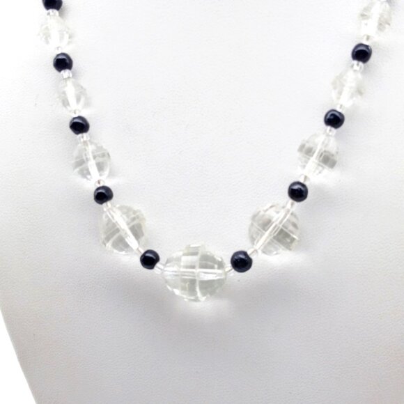 Elegant Art Deco Strand Necklace with Stepped Clear Czech Glass Beads and Black - Picture 3 of 4